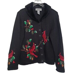 Tiara Cardinal Cardigan Beaded Faux Fur Collar Black Womens Sz Large